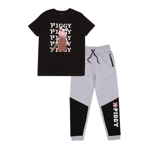 Piggy Baseball Bat Kids Long Pyjamas Set Black/Heather Grey