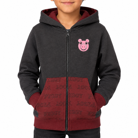 Piggy Face Boys Zipped Hoodie Burgundy/Black