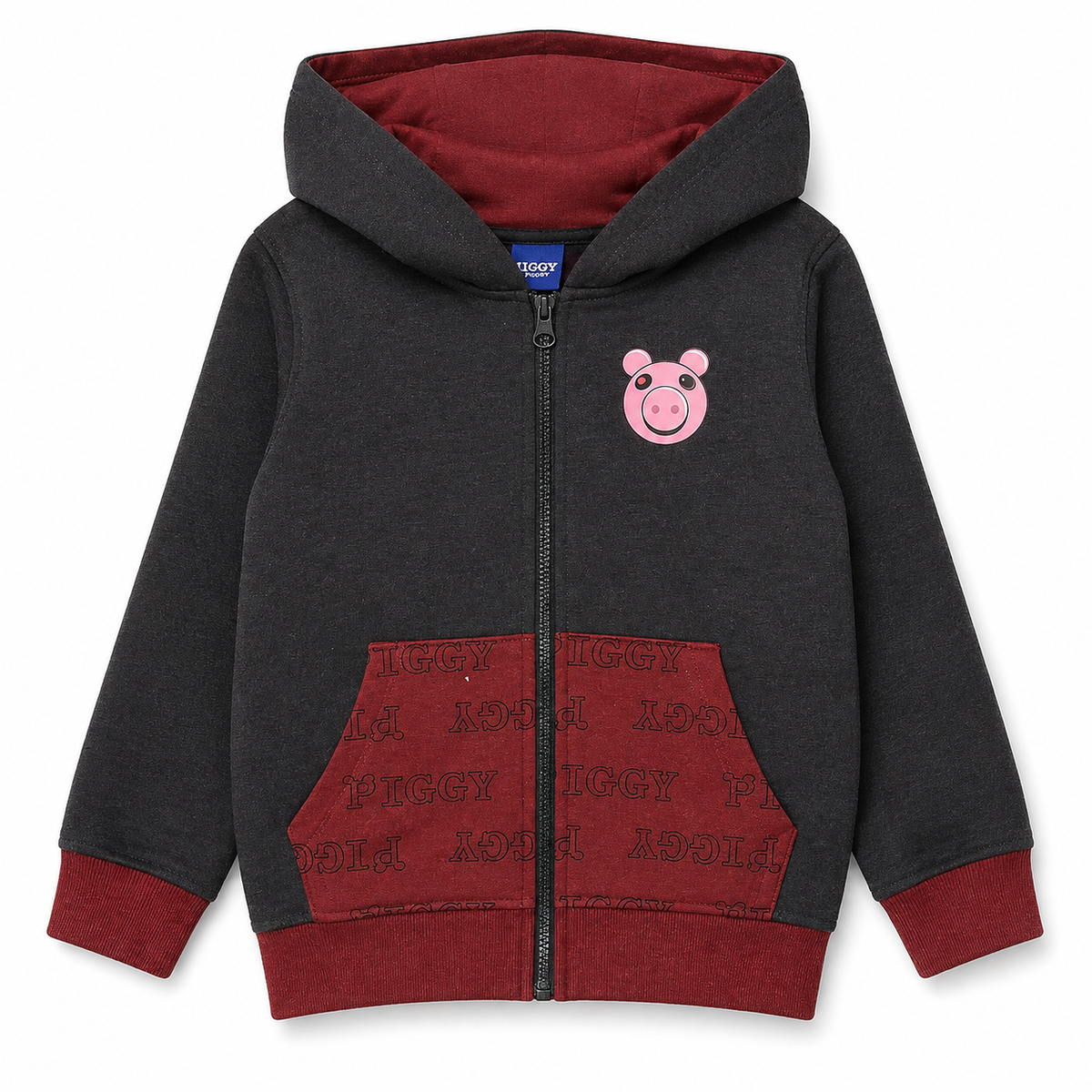 Piggy Face Boys Zipped Hoodie Burgundy/Black