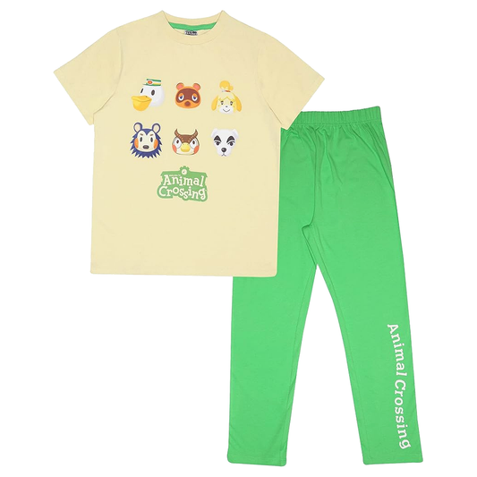 Animal Crossing Character Faces Kids Long Pyjamas Set Cream/Green