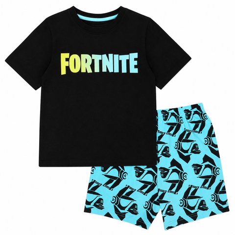 Fortnite Boys Gradient Text Logo Kids Short Pyjamas Set Black/Teal