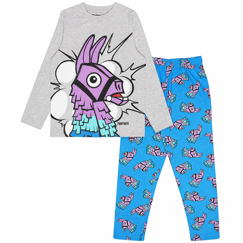 Fortnite Llama Kids Long Pyjamas Set Blue/Heather Grey
