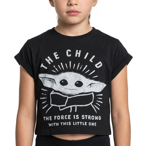 Star Wars The Mandalorian The Child The Force Is Strong Girls Cropped T-Shirt Black