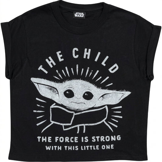 Star Wars The Mandalorian The Child The Force Is Strong Girls Cropped T-Shirt Black