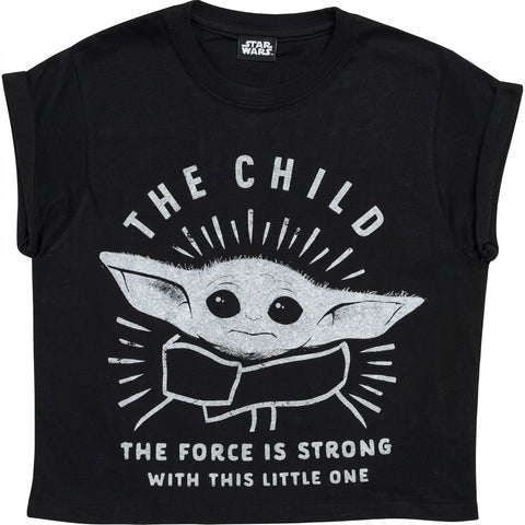 Star Wars The Mandalorian The Child The Force Is Strong Girls Cropped T-Shirt Black